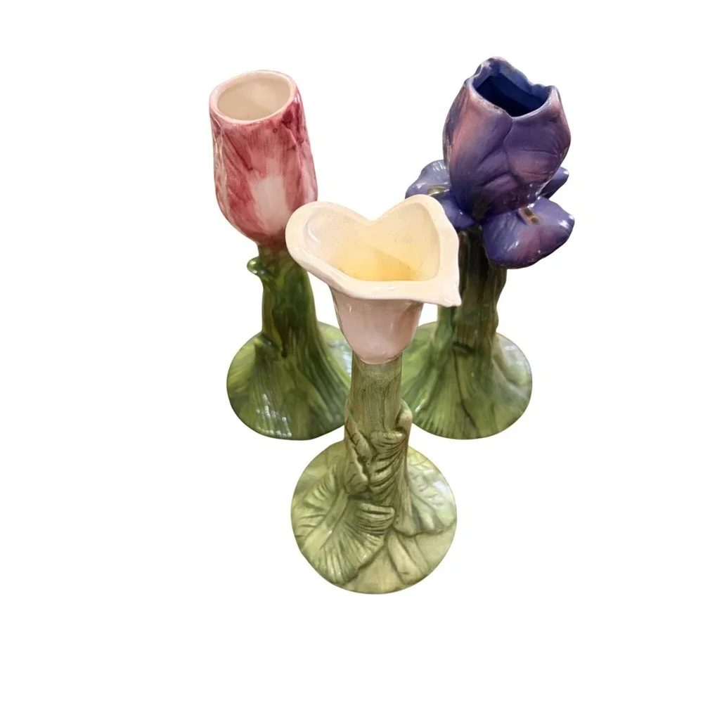 Set of 3 Bud Vases Hand-Painted Ceramic Floral Green Leafy Stems 7.5